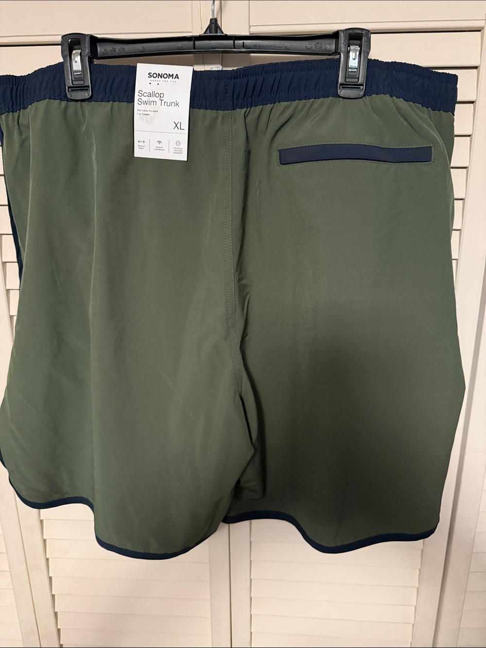SONOMA Men's Olive Green Scallop Swim Trunk with Navy Trim
